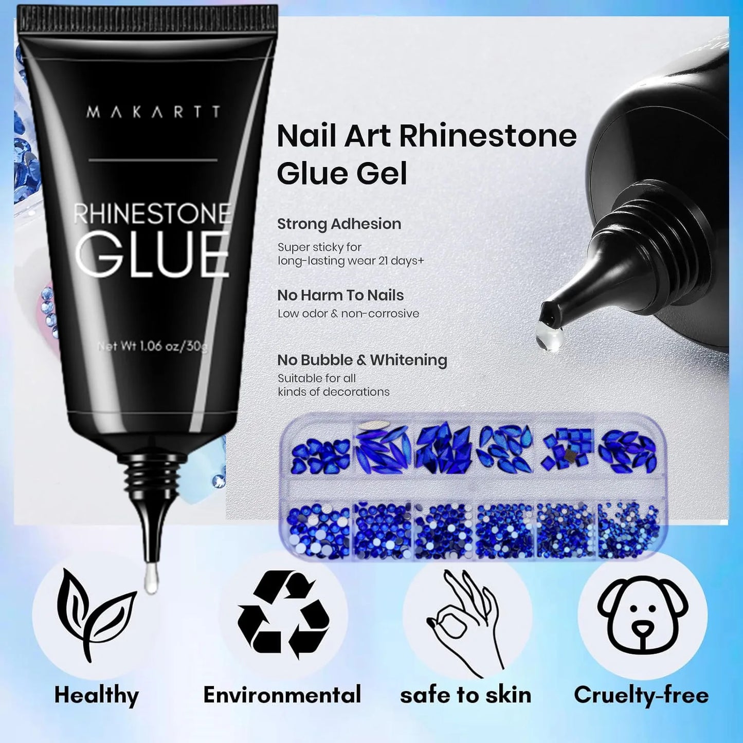 30g Makartt Rhinestone Glue with Royal Blue Glass Crystal Kit  for Shine Nail Art Manicure Makeup DIY Decoration Gem Jewelry